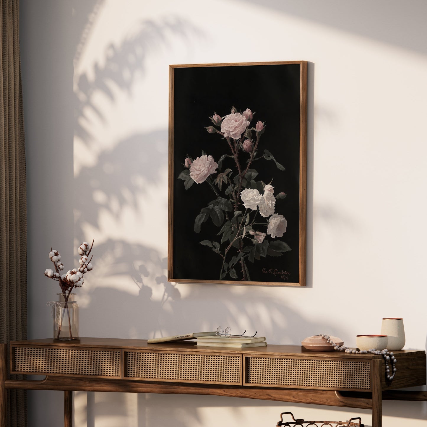 Premium Poster of Beautiful Pink and White Roses on Black Background Posters