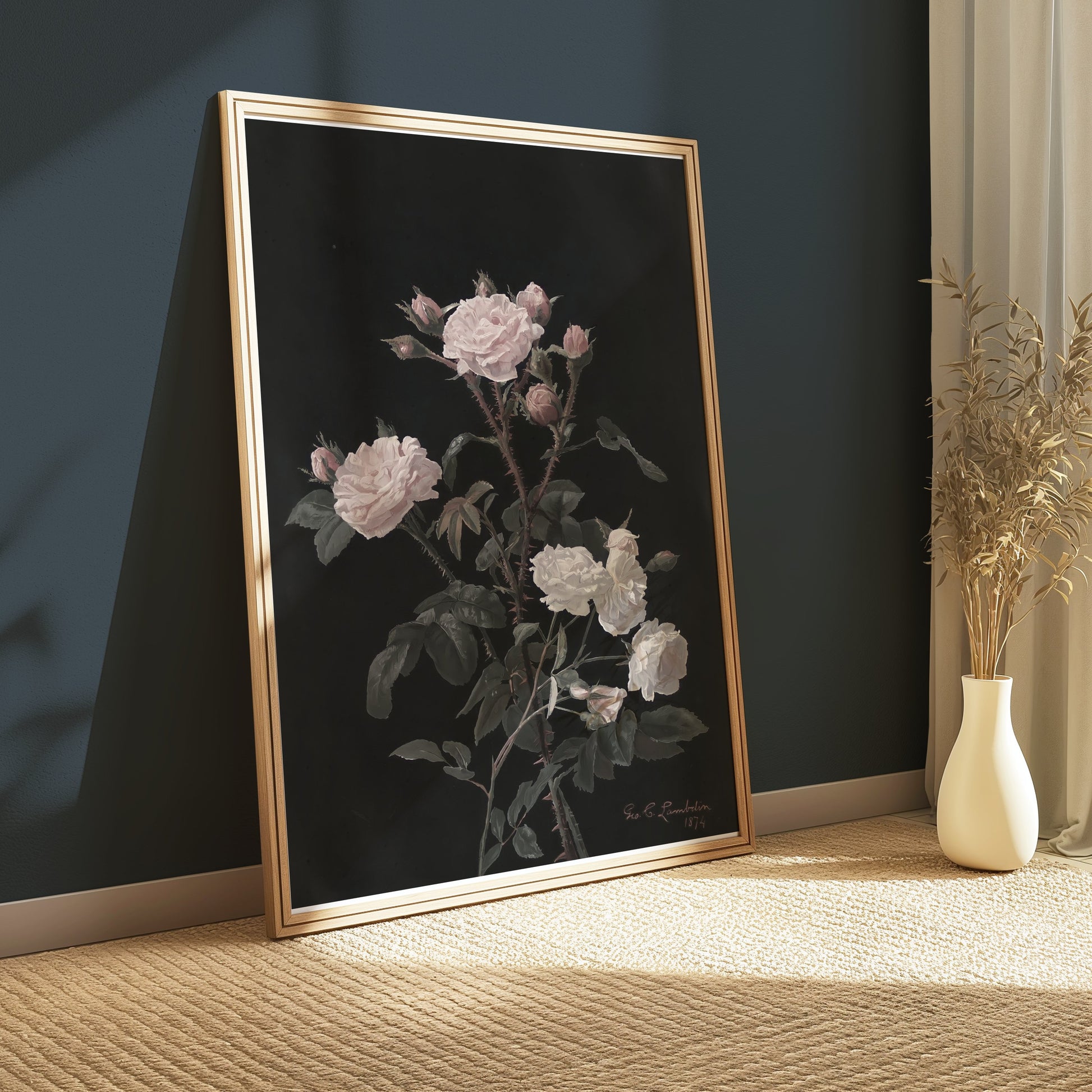 Premium Poster of Beautiful Pink and White Roses on Black Background Posters