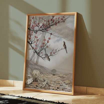Premium Poster of Beautiful Spring Art with Birds and Flowers Posters