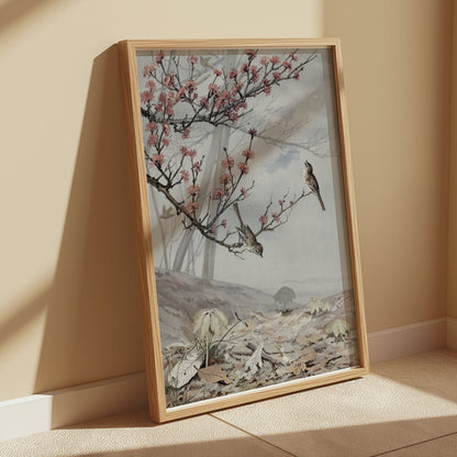 Premium Poster of Beautiful Spring Art with Birds and Flowers Posters