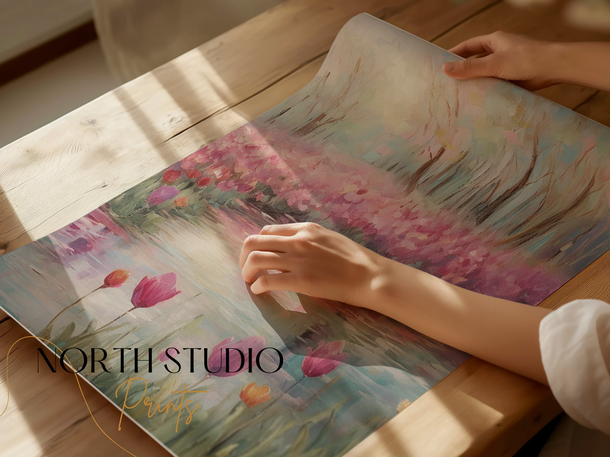 Premium Poster of Beautiful Spring Garden With Water Reflection Posters