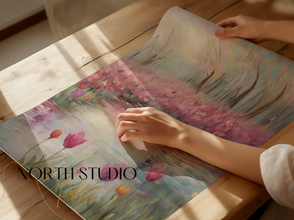 Premium Poster of Beautiful Spring Garden With Water Reflection Posters