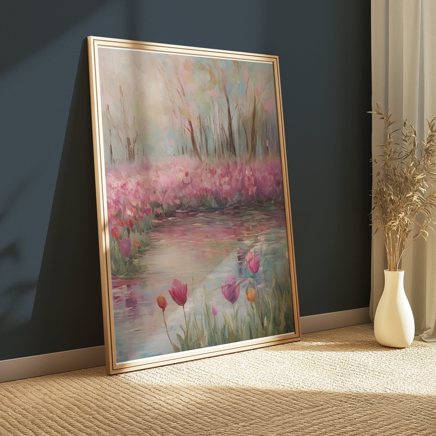 Premium Poster of Beautiful Spring Garden With Water Reflection Posters