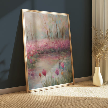 Premium Poster of Beautiful Spring Garden With Water Reflection Posters