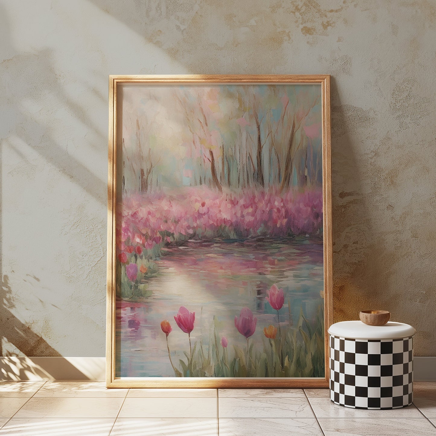 Premium Poster of Beautiful Spring Garden With Water Reflection Posters