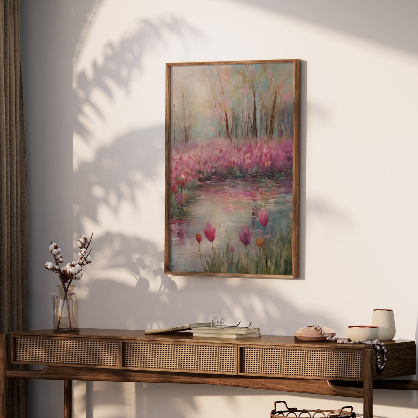 Premium Poster of Beautiful Spring Garden With Water Reflection Posters