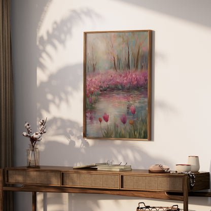 Premium Poster of Beautiful Spring Garden With Water Reflection Posters