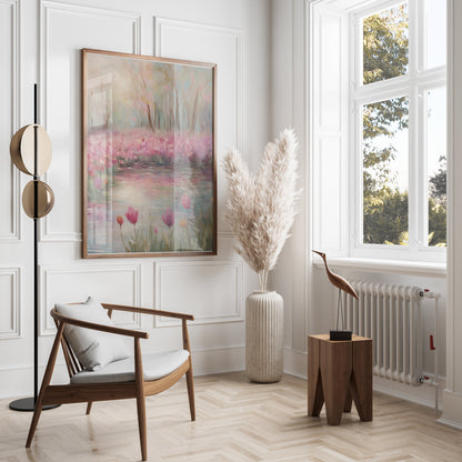 Premium Poster of Beautiful Spring Garden With Water Reflection Posters