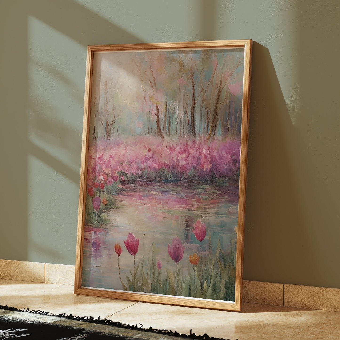 Premium Poster of Beautiful Spring Garden With Water Reflection Posters