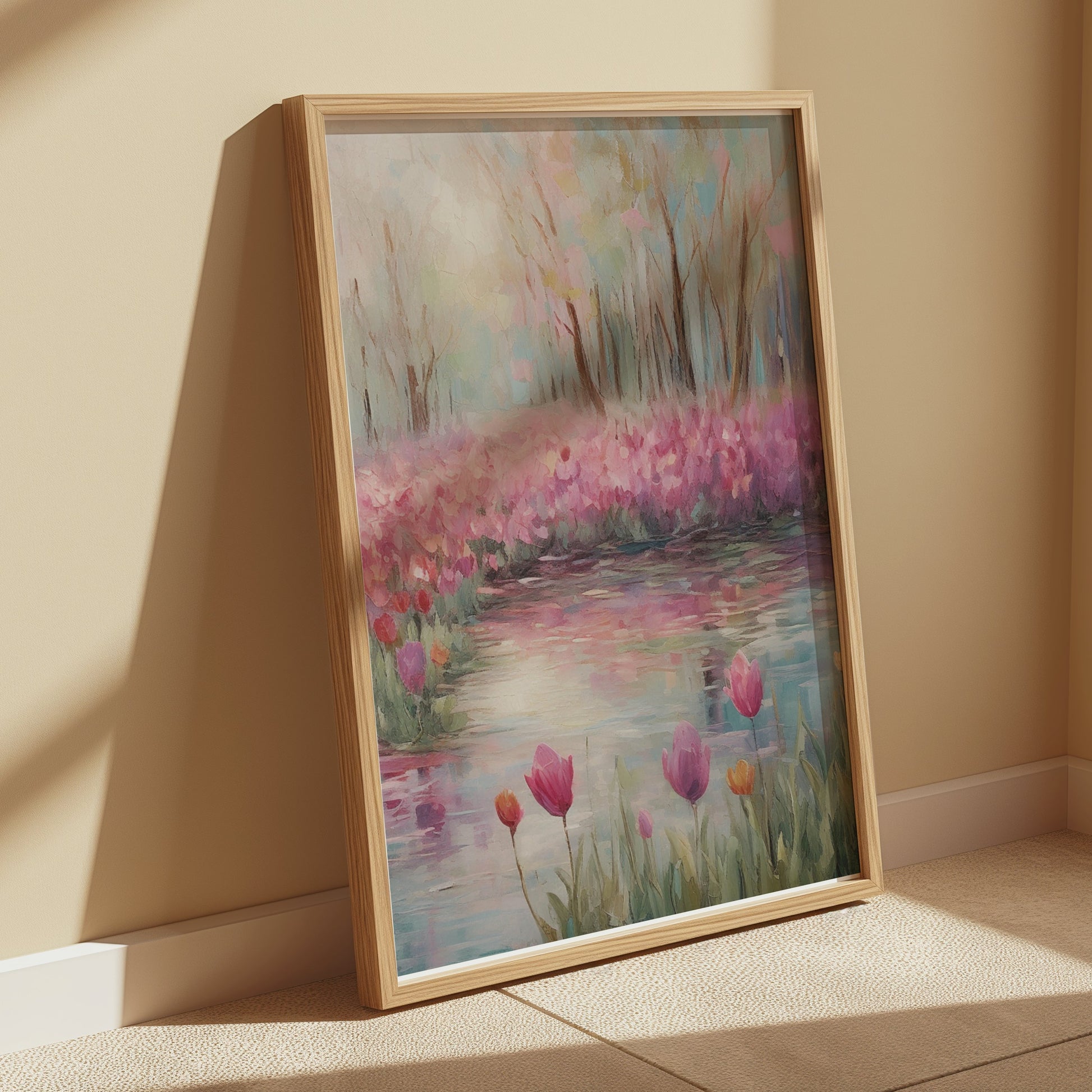 Premium Poster of Beautiful Spring Garden With Water Reflection Posters
