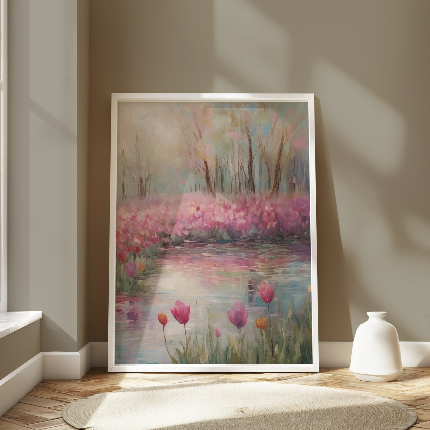 Premium Poster of Beautiful Spring Garden With Water Reflection Posters