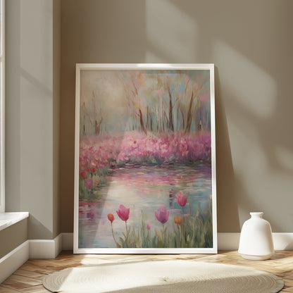Premium Poster of Beautiful Spring Garden With Water Reflection Posters