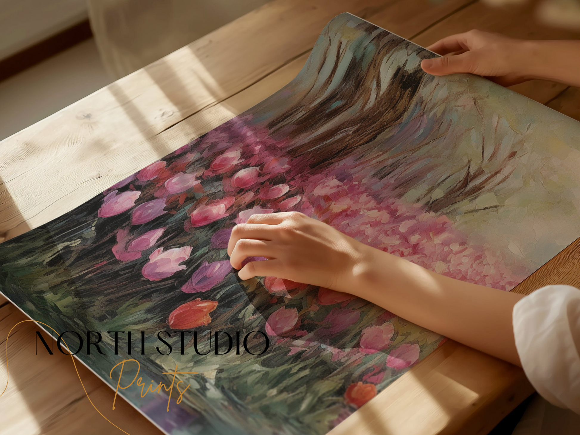 Premium Poster of Beautiful Spring Garden with Pink Blooms Tulip Field Posters