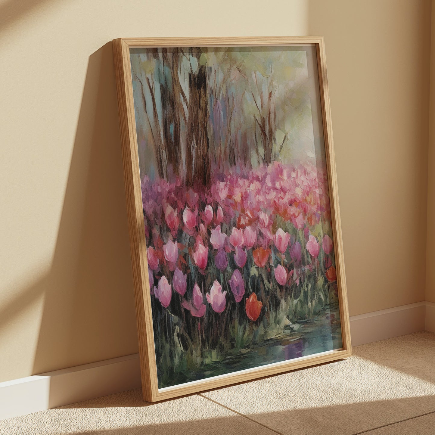 Premium Poster of Beautiful Spring Garden with Pink Blooms Tulip Field Posters