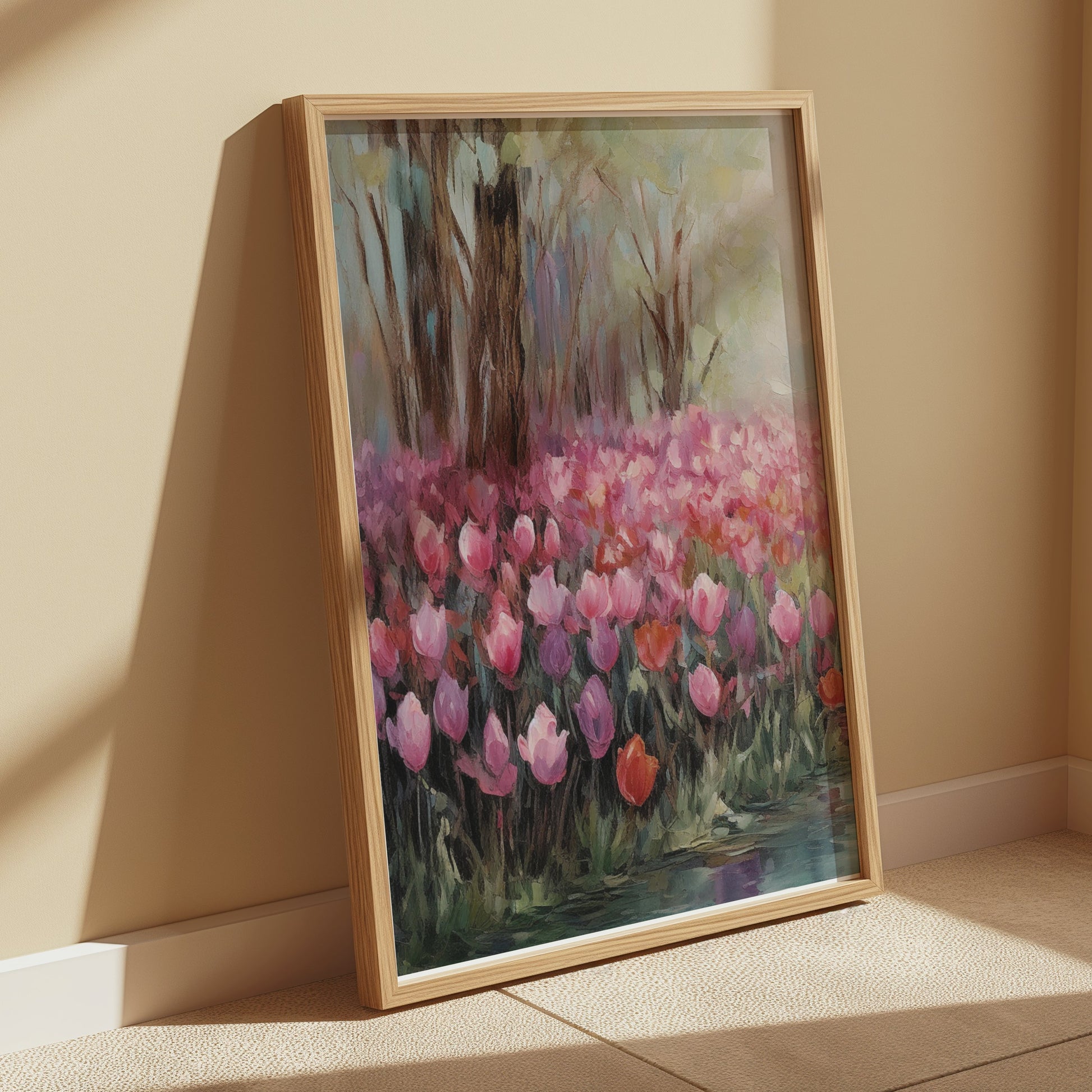 Premium Poster of Beautiful Spring Garden with Pink Blooms Tulip Field Posters