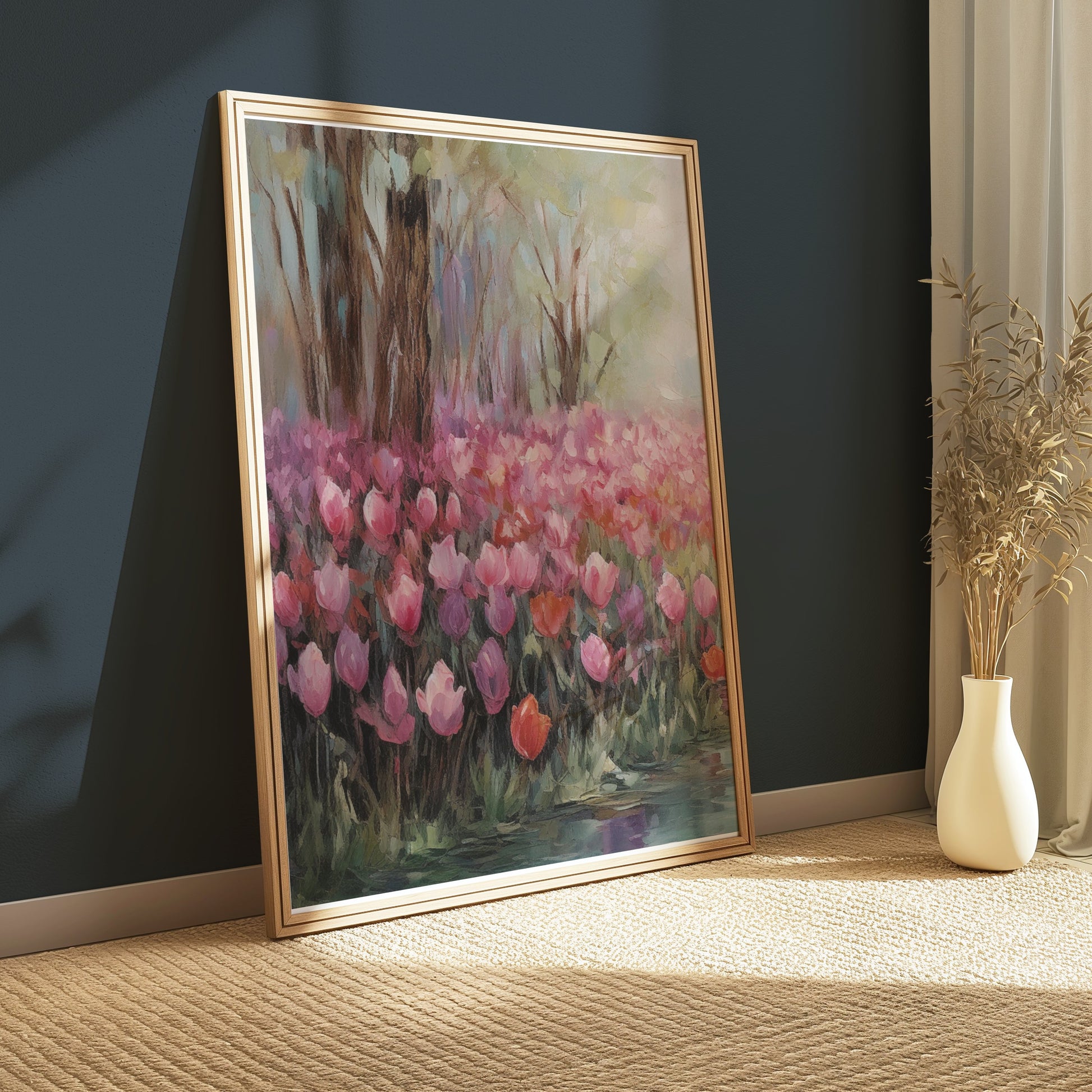 Premium Poster of Beautiful Spring Garden with Pink Blooms Tulip Field Posters