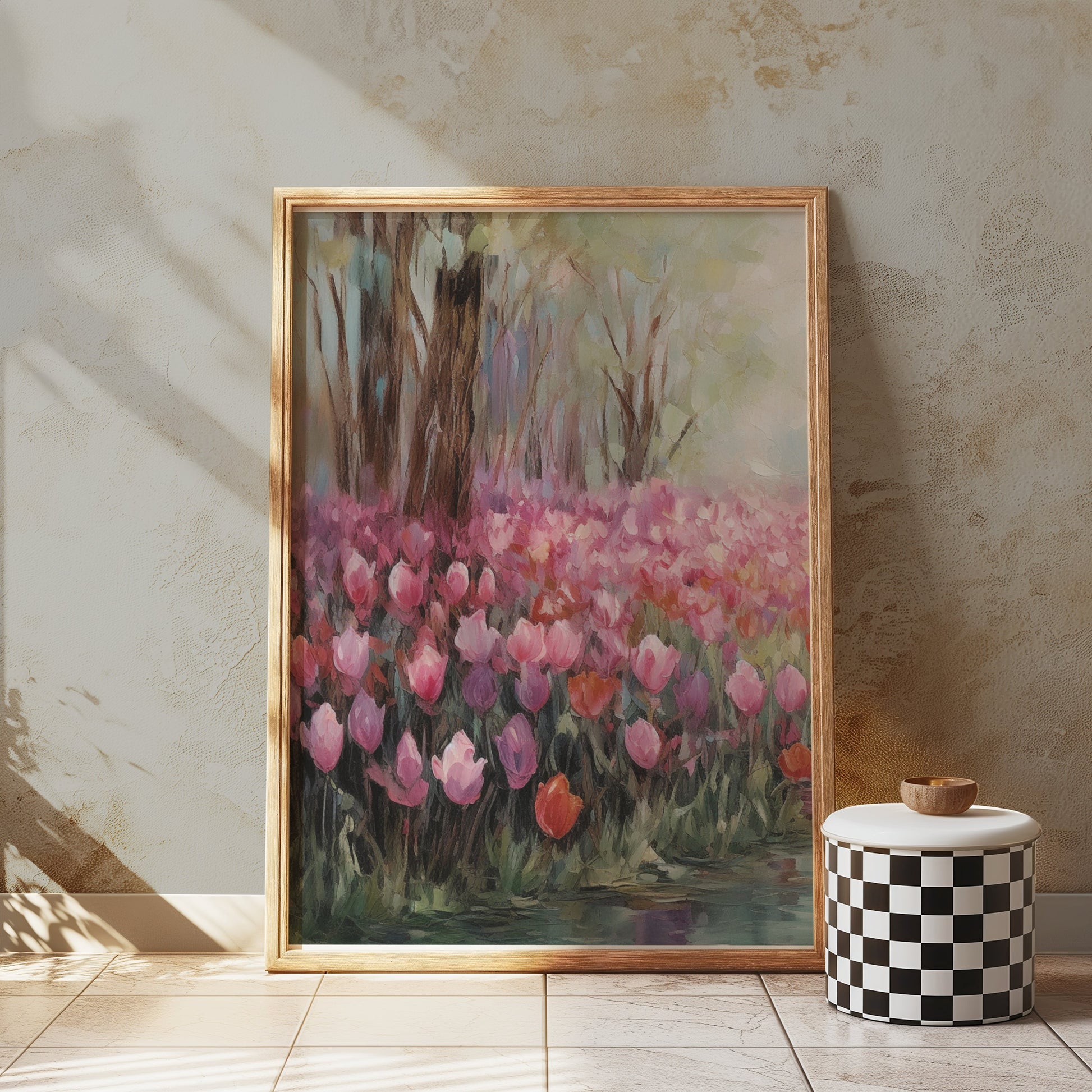 Premium Poster of Beautiful Spring Garden with Pink Blooms Tulip Field Posters