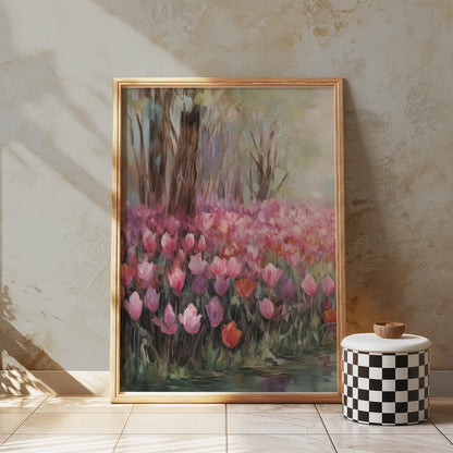 Premium Poster of Beautiful Spring Garden with Pink Blooms Tulip Field Posters