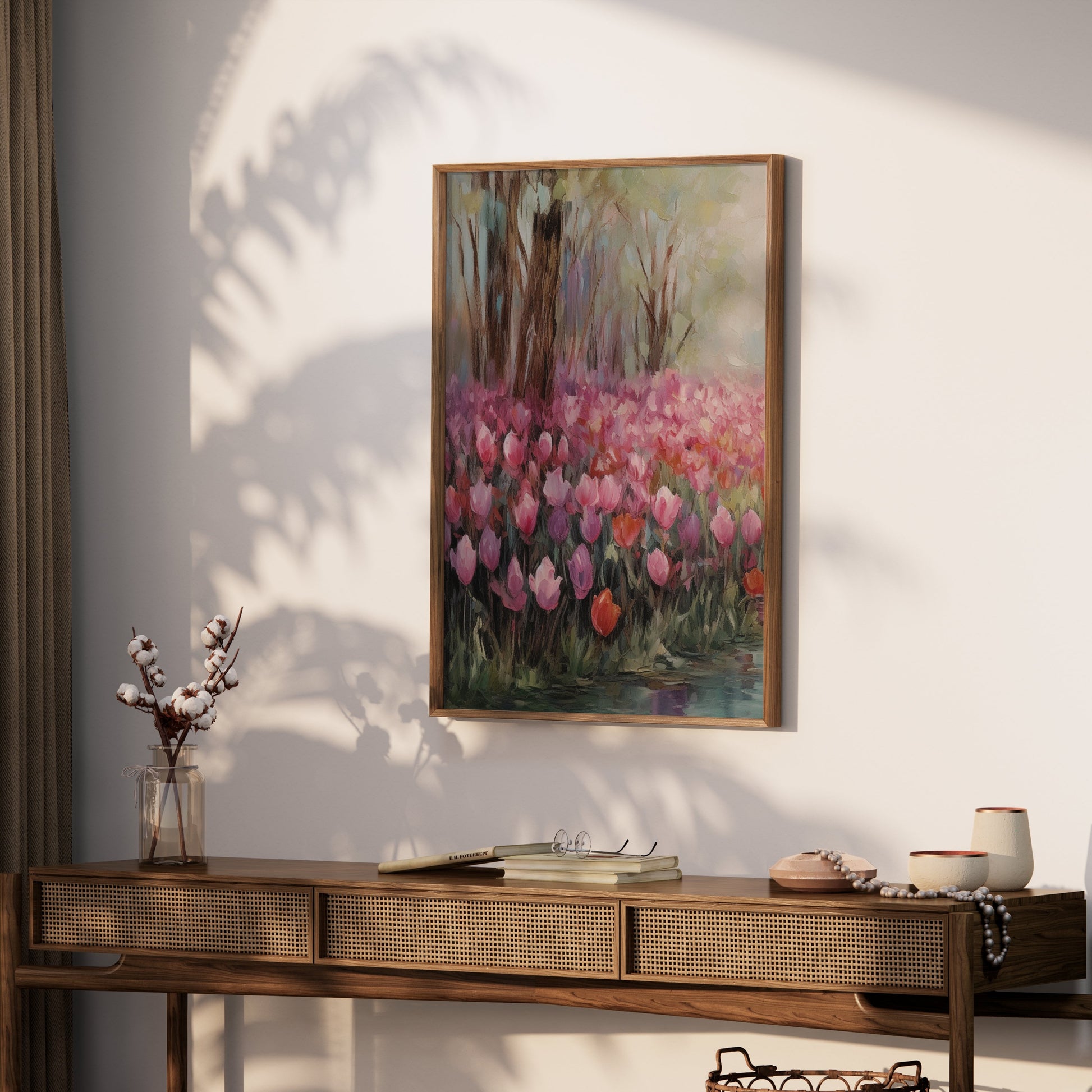 Premium Poster of Beautiful Spring Garden with Pink Blooms Tulip Field Posters