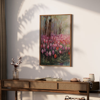 Premium Poster of Beautiful Spring Garden with Pink Blooms Tulip Field Posters