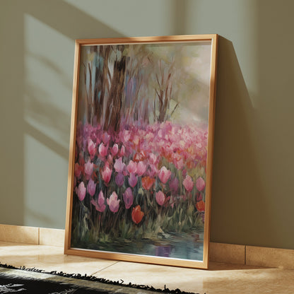 Premium Poster of Beautiful Spring Garden with Pink Blooms Tulip Field Posters