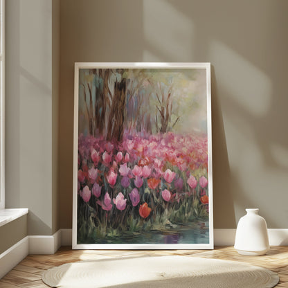 Premium Poster of Beautiful Spring Garden with Pink Blooms Tulip Field Posters