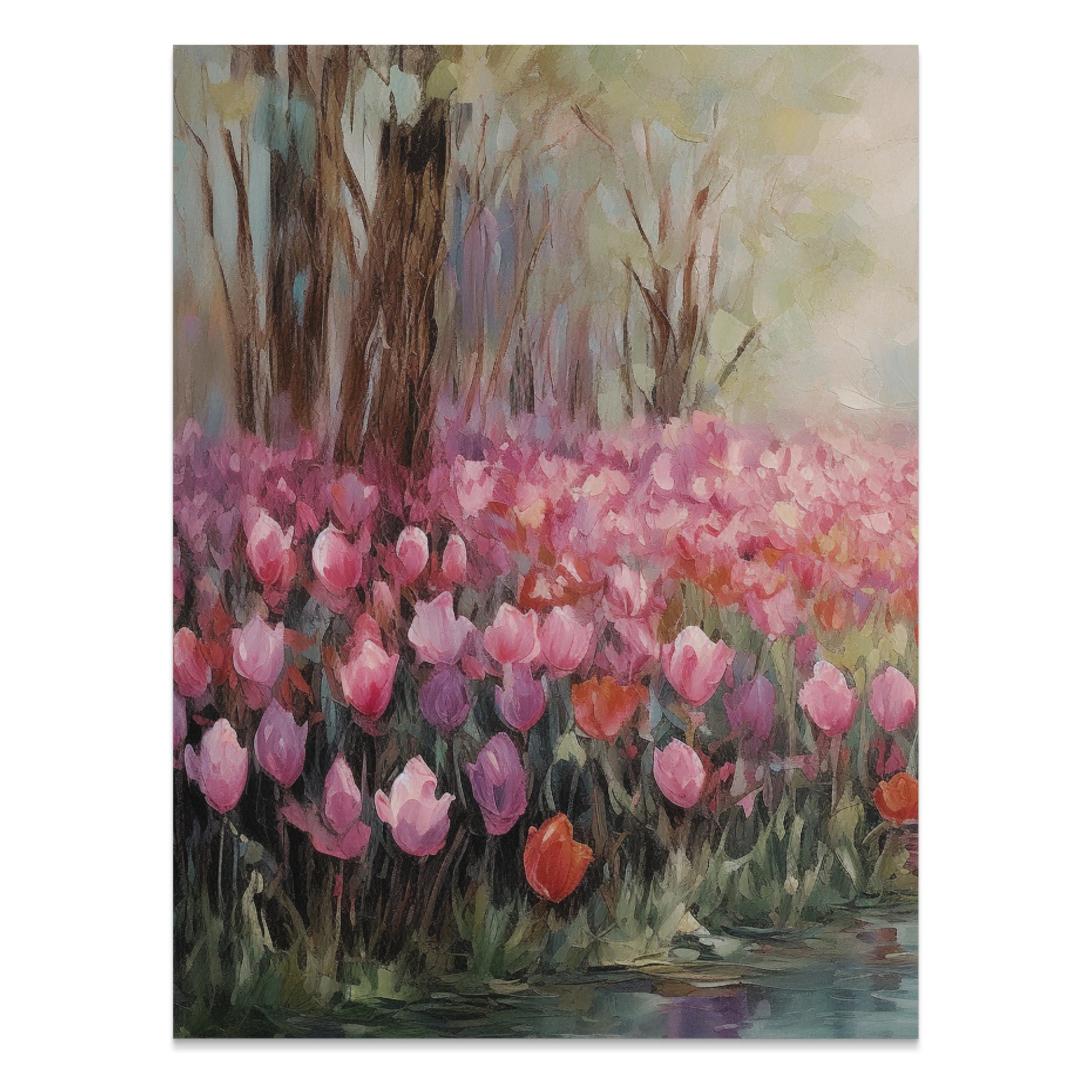 Premium Poster of Beautiful Spring Garden with Pink Blooms Tulip Field Posters