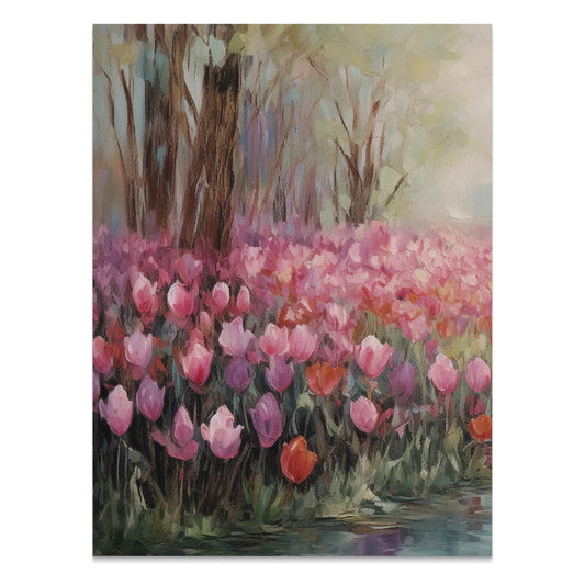 Premium Poster of Beautiful Spring Garden with Pink Blooms Tulip Field Posters