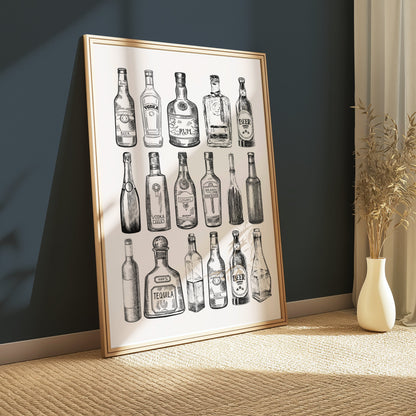 Premium Poster of Beautiful Vintage Bottles Drawing Collection Posters