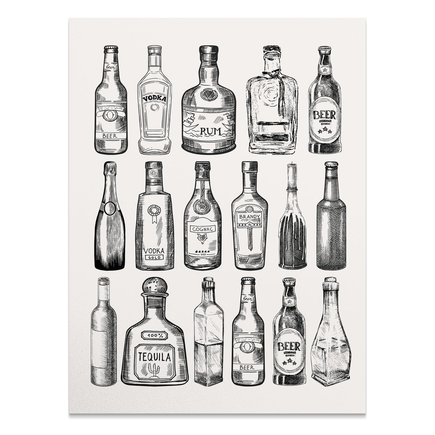 Premium Poster of Beautiful Vintage Bottles Drawing Collection Posters