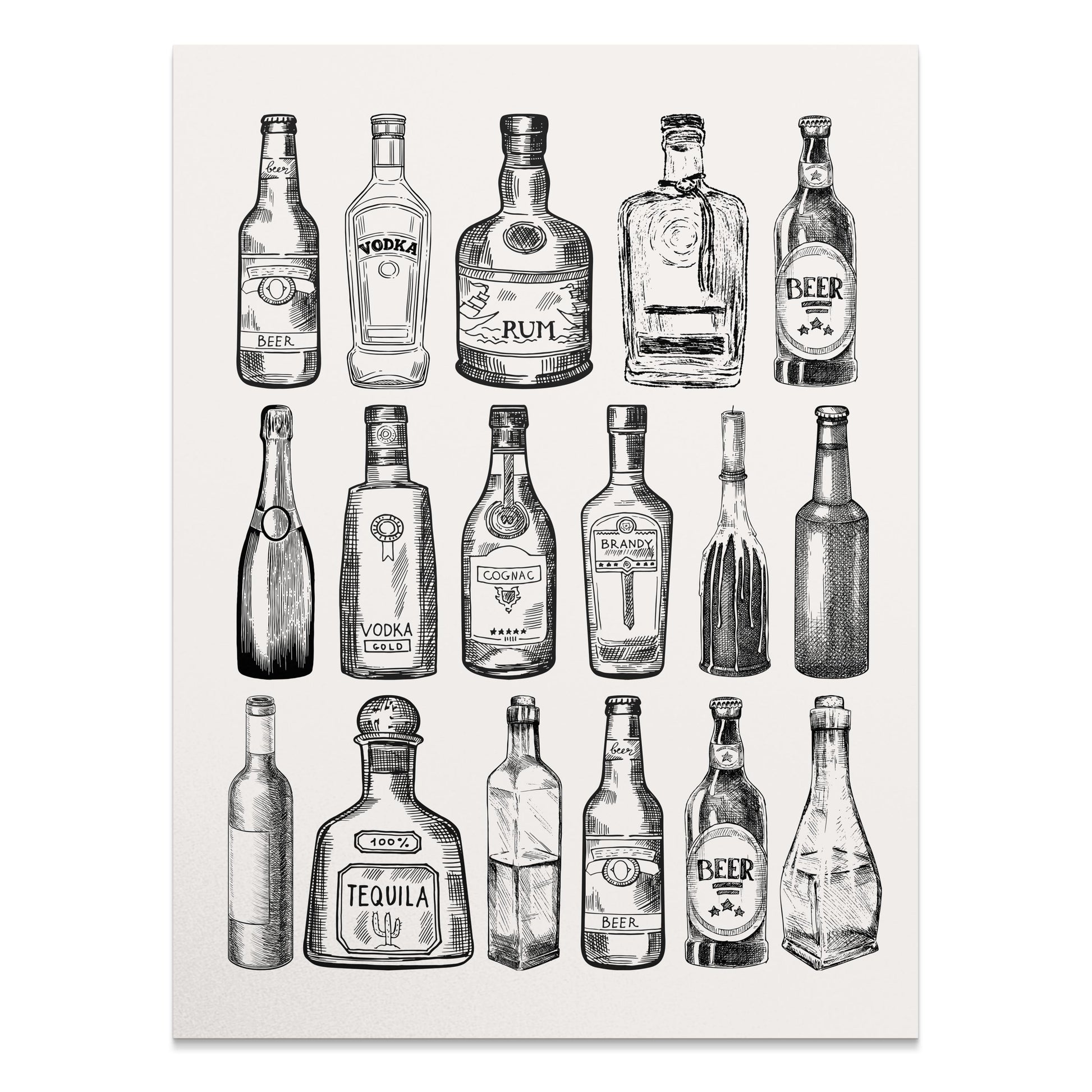 Premium Poster of Beautiful Vintage Bottles Drawing Collection Posters