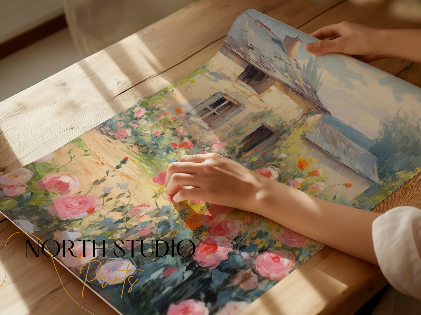 Premium Poster of Beautiful Vintage Cottage with Rose Garden Posters