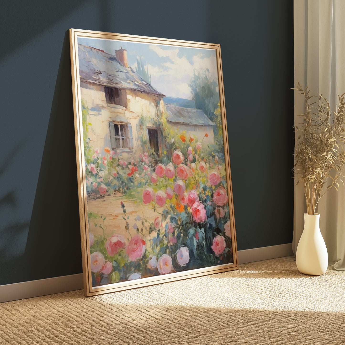 Premium Poster of Beautiful Vintage Cottage with Rose Garden Posters