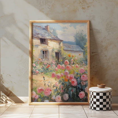 Premium Poster of Beautiful Vintage Cottage with Rose Garden Posters