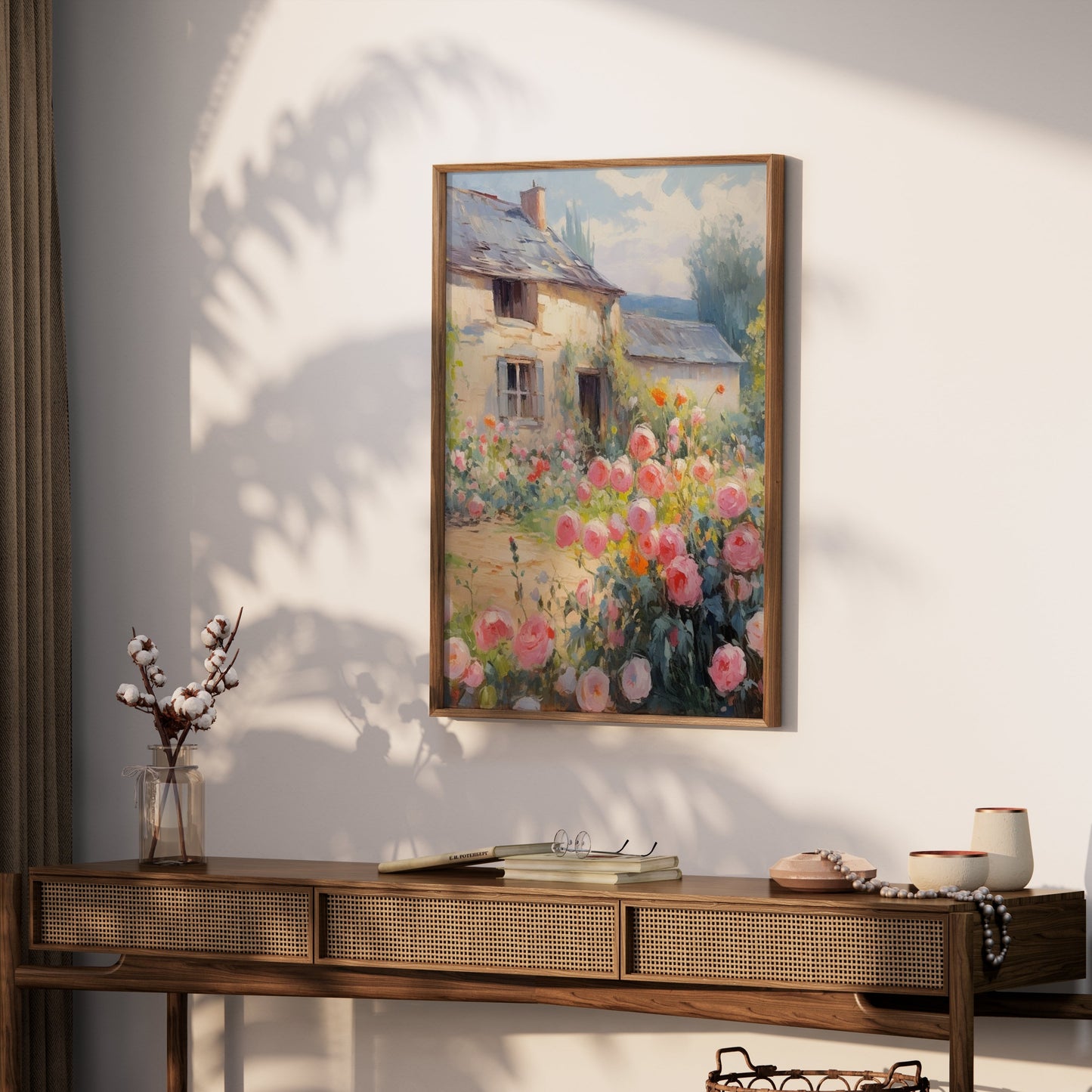 Premium Poster of Beautiful Vintage Cottage with Rose Garden Posters