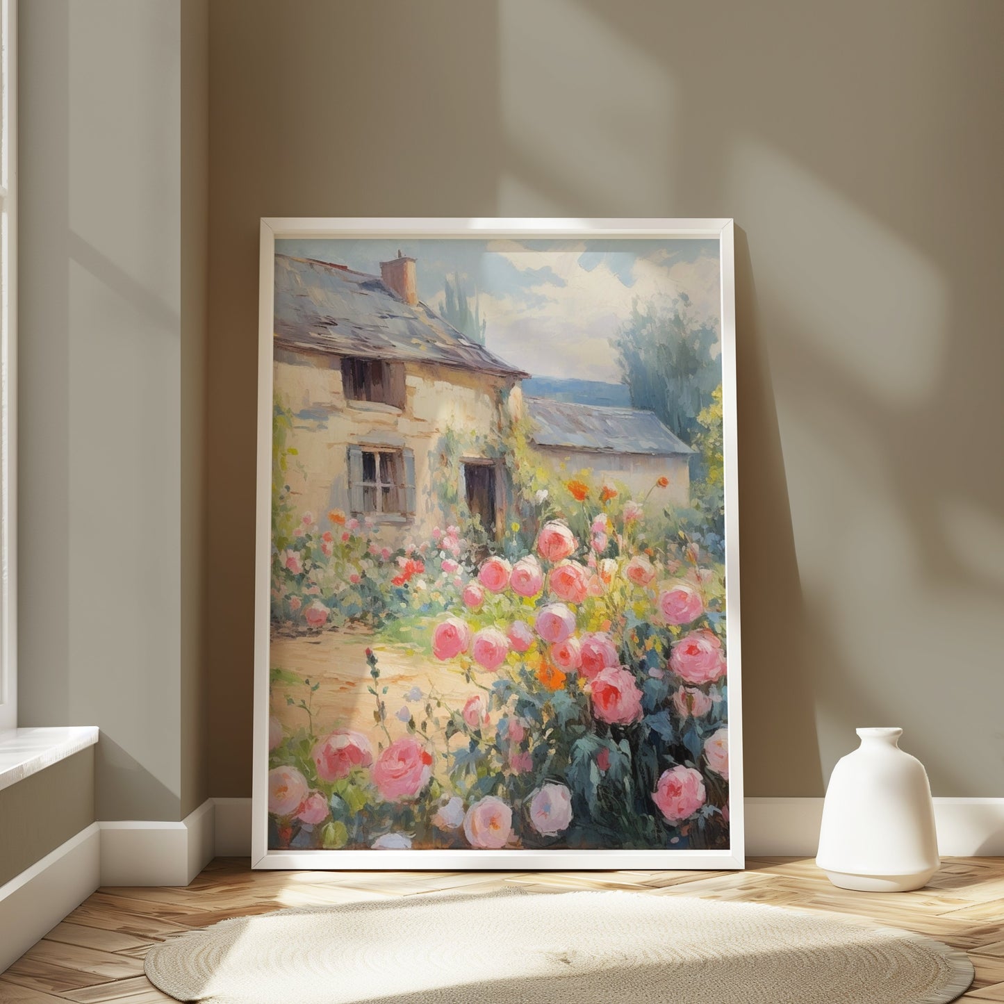 Premium Poster of Beautiful Vintage Cottage with Rose Garden Posters
