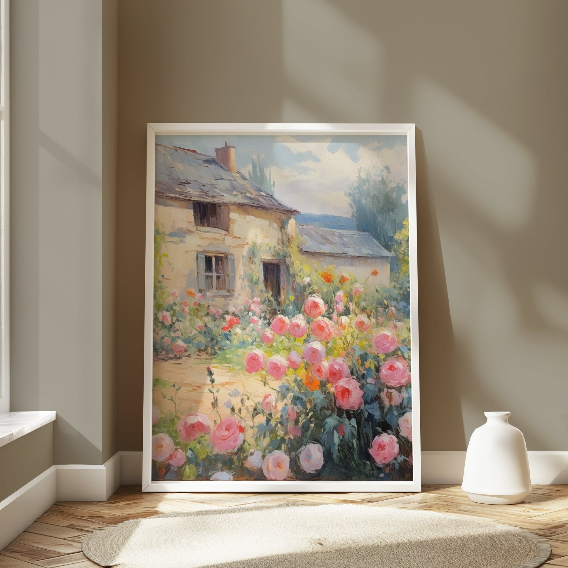 Premium Poster of Beautiful Vintage Cottage with Rose Garden Posters