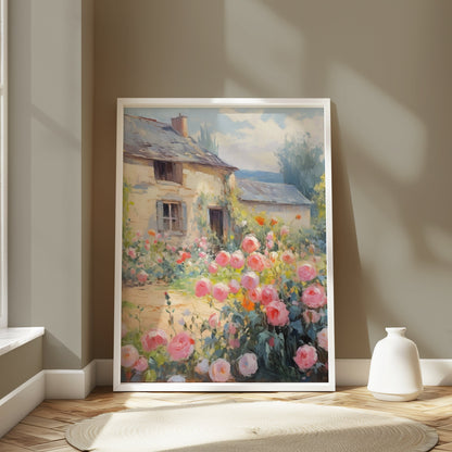 Premium Poster of Beautiful Vintage Cottage with Rose Garden Posters