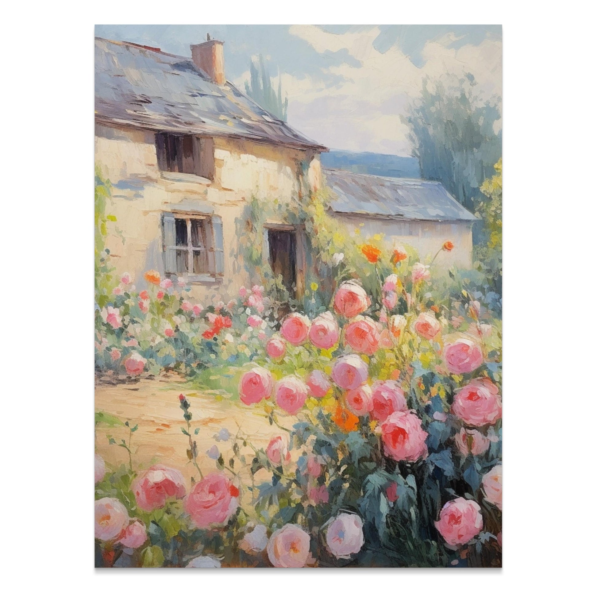 Premium Poster of Beautiful Vintage Cottage with Rose Garden Posters
