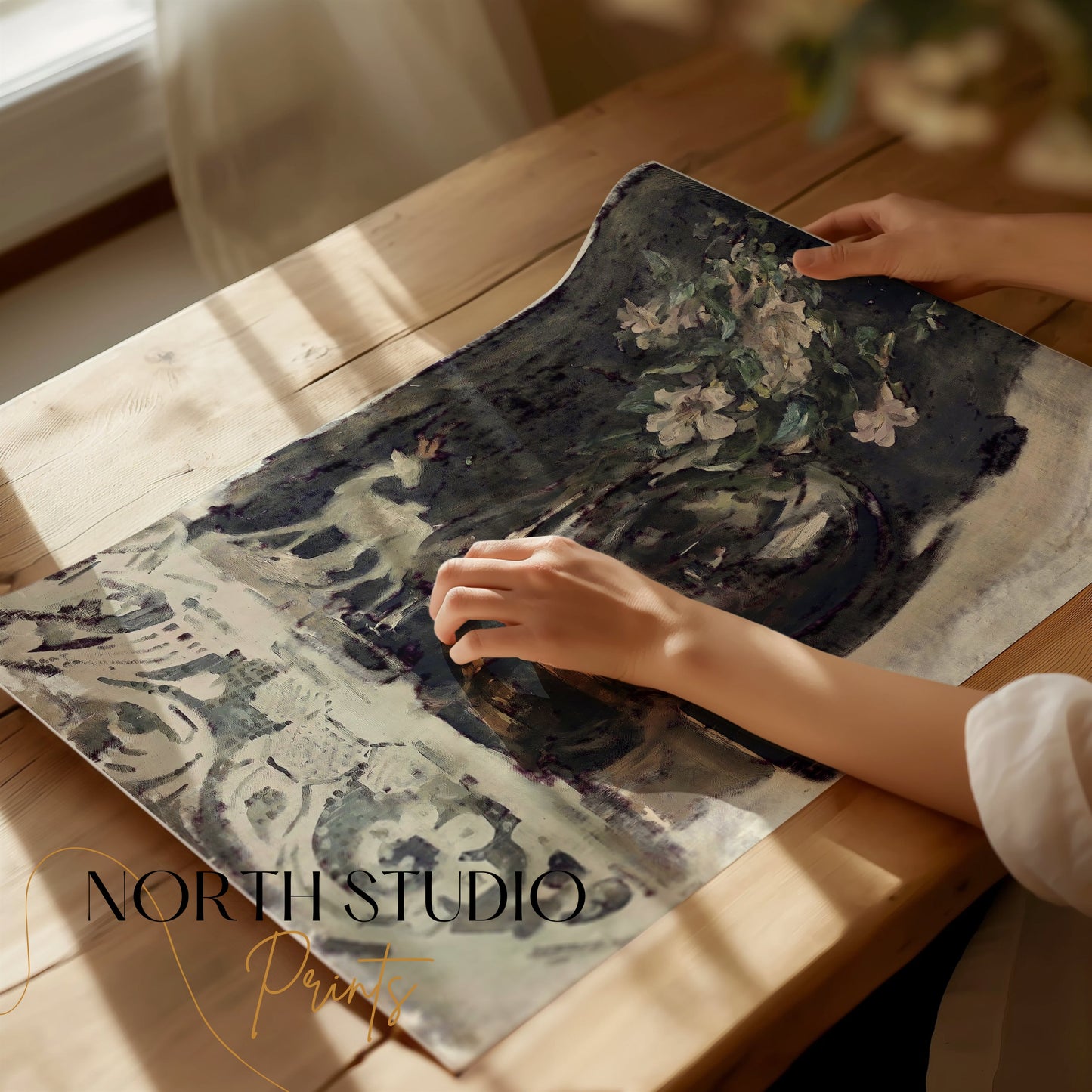 Premium Poster of Beautiful Vintage Floral Art with Deer Figurine Posters