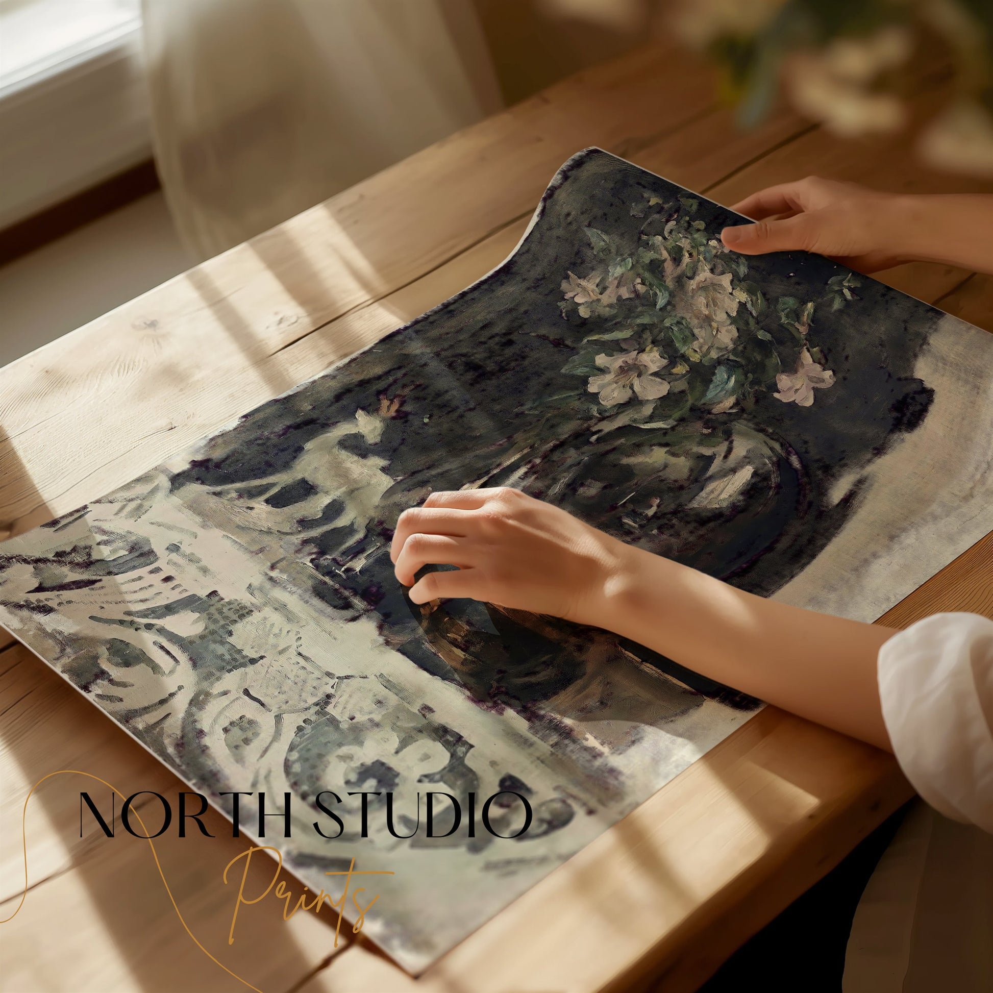 Premium Poster of Beautiful Vintage Floral Art with Deer Figurine Posters