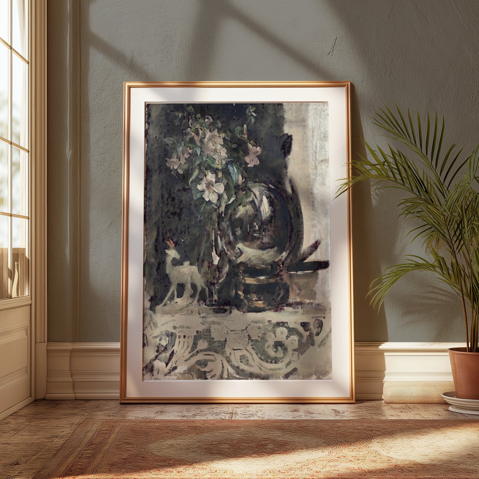 Premium Poster of Beautiful Vintage Floral Art with Deer Figurine Posters