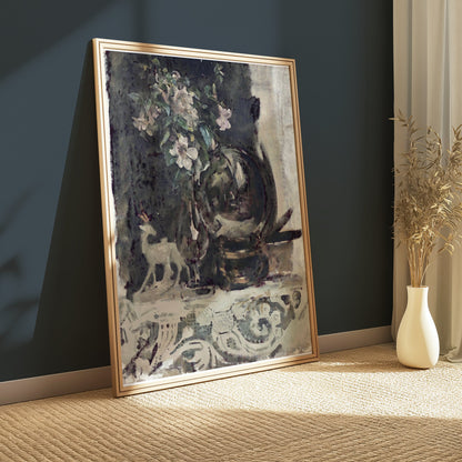 Premium Poster of Beautiful Vintage Floral Art with Deer Figurine Posters