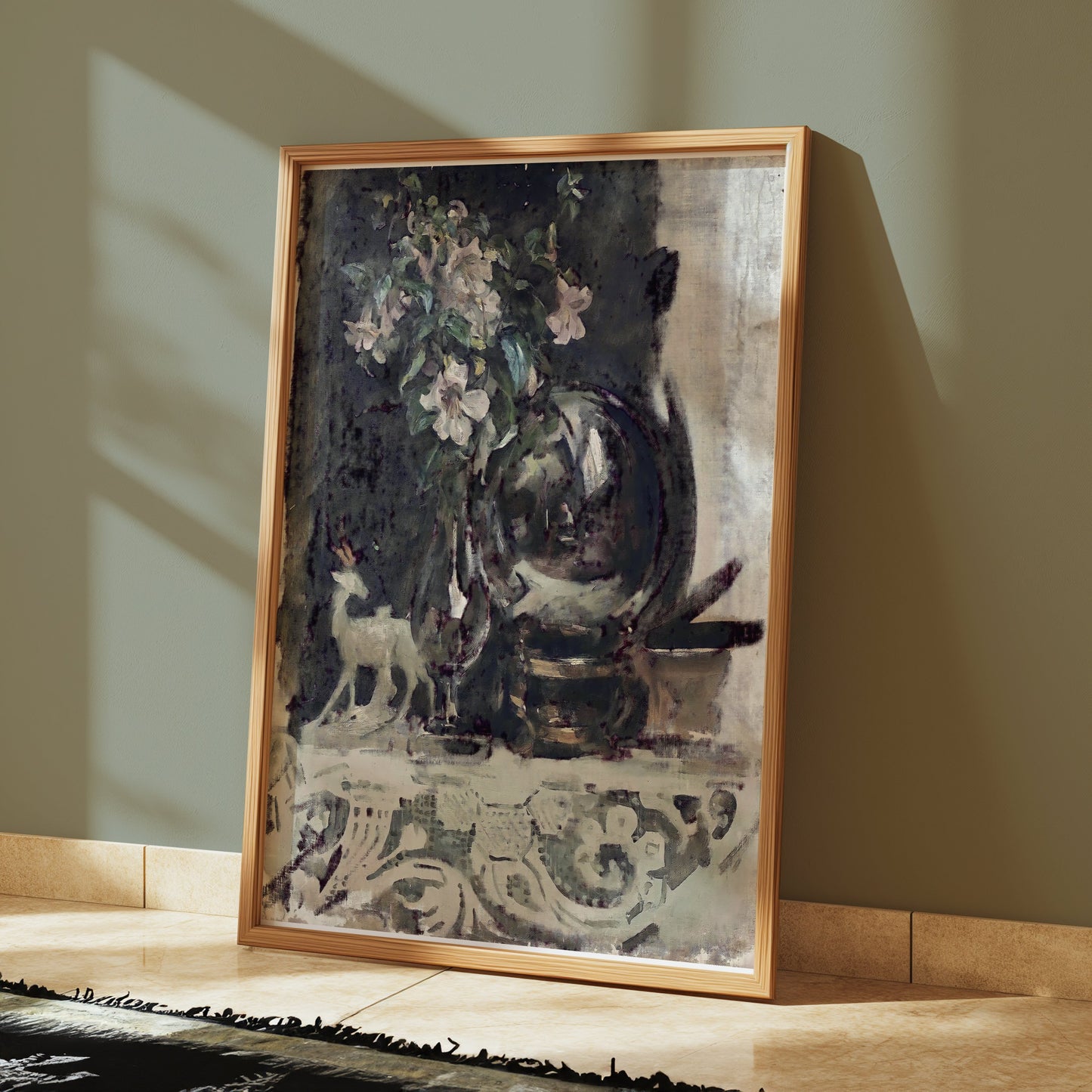 Premium Poster of Beautiful Vintage Floral Art with Deer Figurine Posters