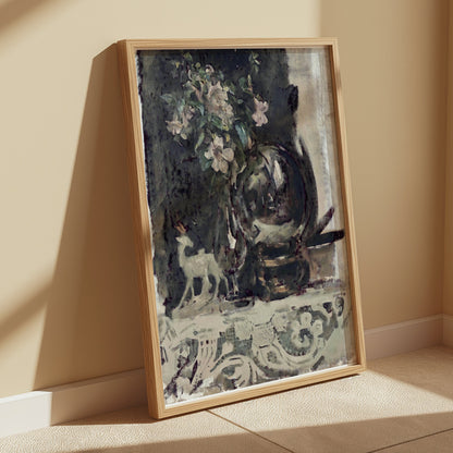 Premium Poster of Beautiful Vintage Floral Art with Deer Figurine Posters