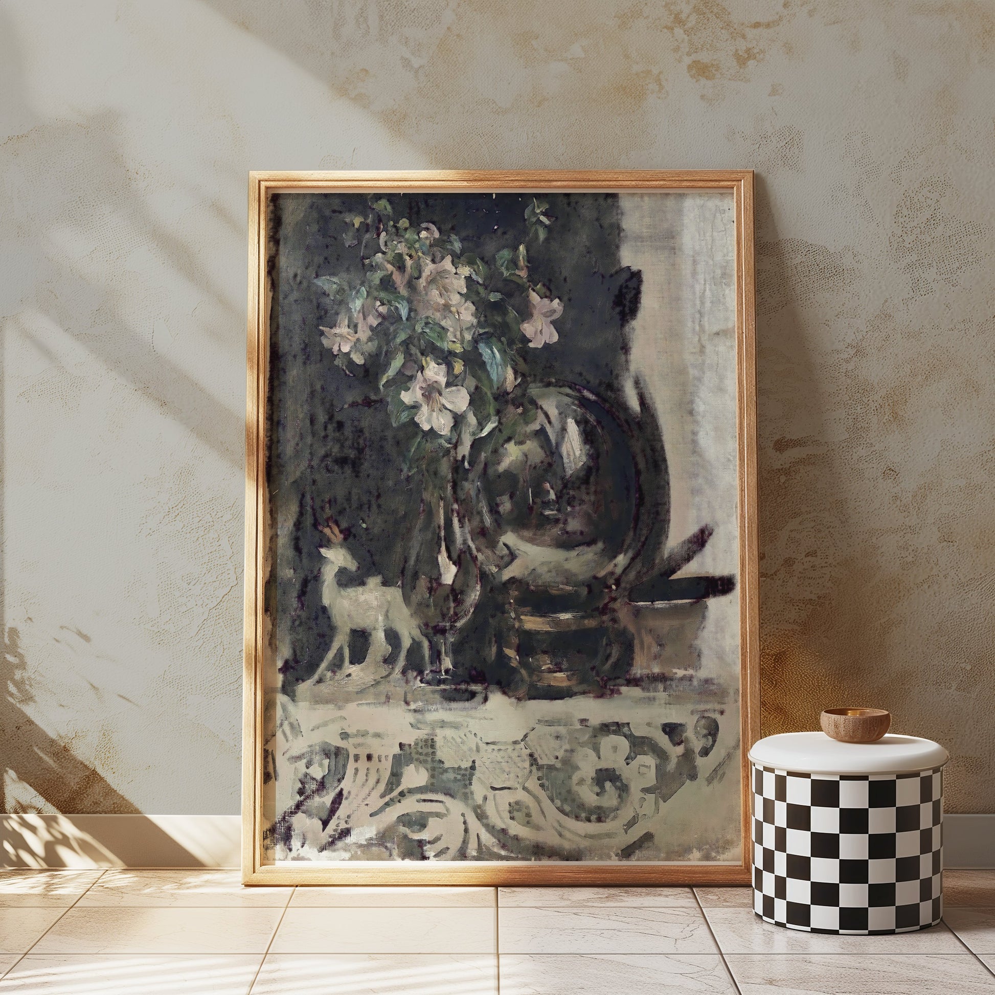 Premium Poster of Beautiful Vintage Floral Art with Deer Figurine Posters