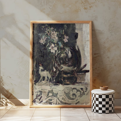 Premium Poster of Beautiful Vintage Floral Art with Deer Figurine Posters
