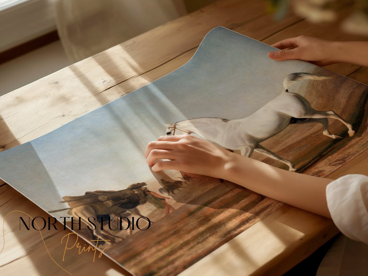 Premium Poster of Beautiful White Horse Walking Through Desert Posters