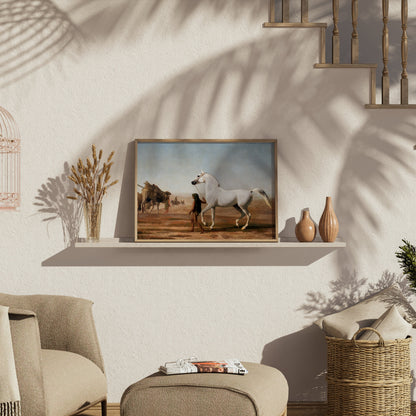 Premium Poster of Beautiful White Horse Walking Through Desert Posters