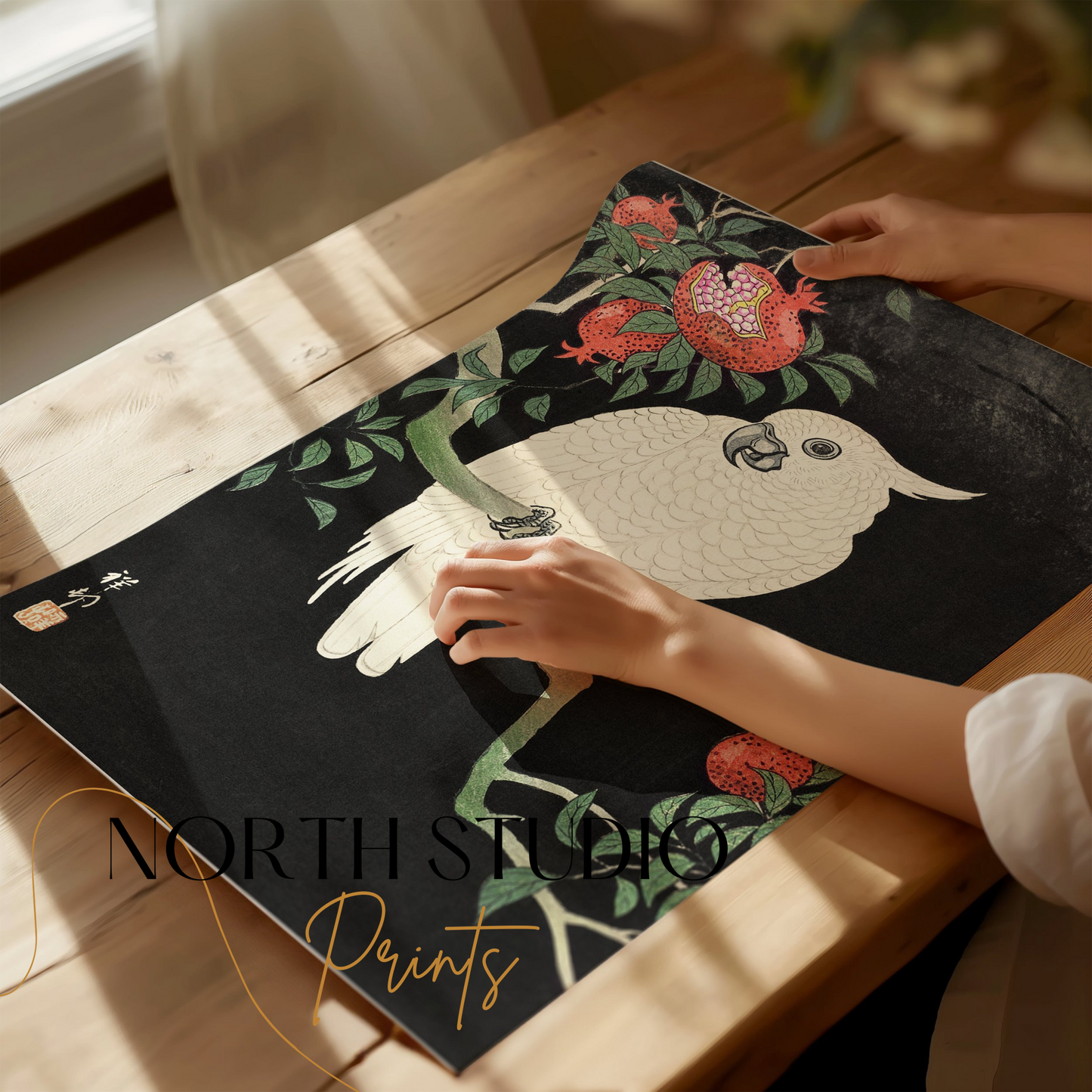 Premium Poster of Beautiful White Parrot and Pomegranate Art Posters